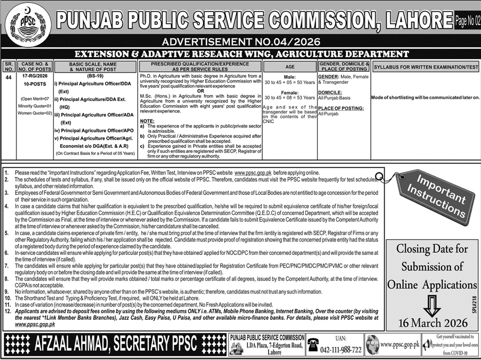 Punjab Public Service Commission (PPSC) Jobs Ad No. 04/2026