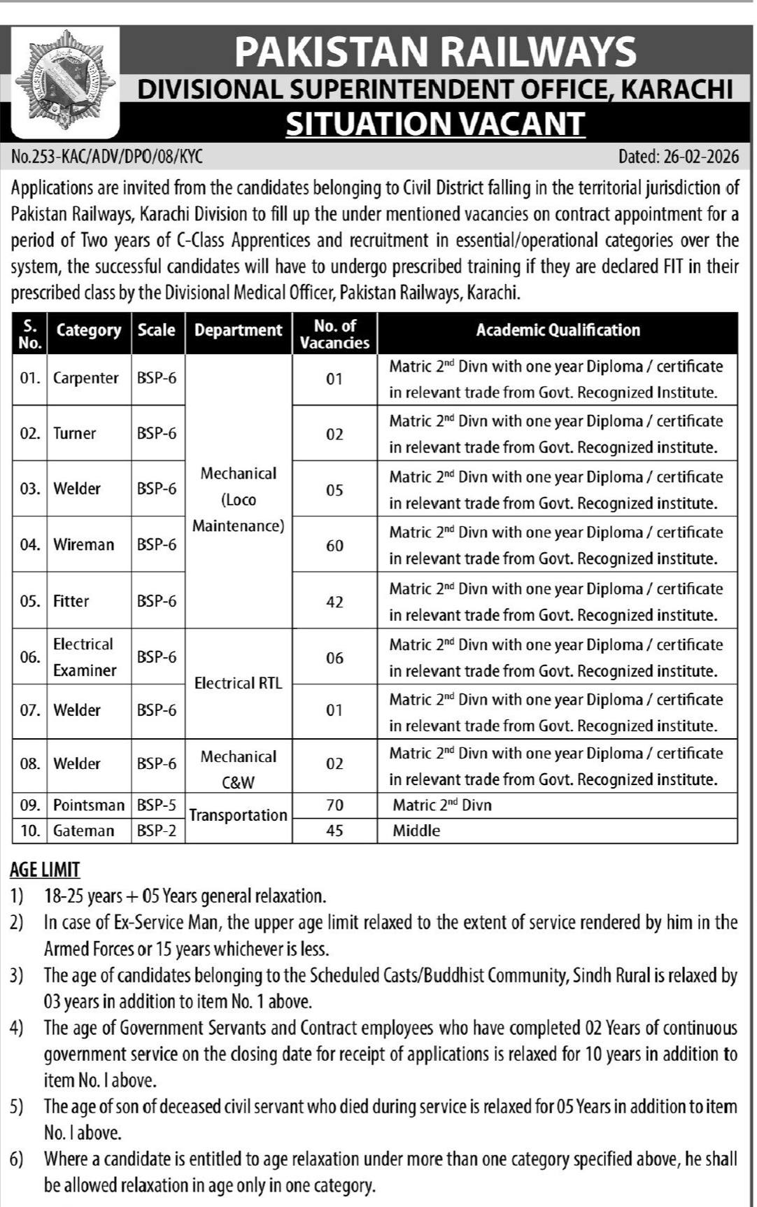 Official advertisement of Pakistan Railways Jobs 2026 Karachi Division vacancies