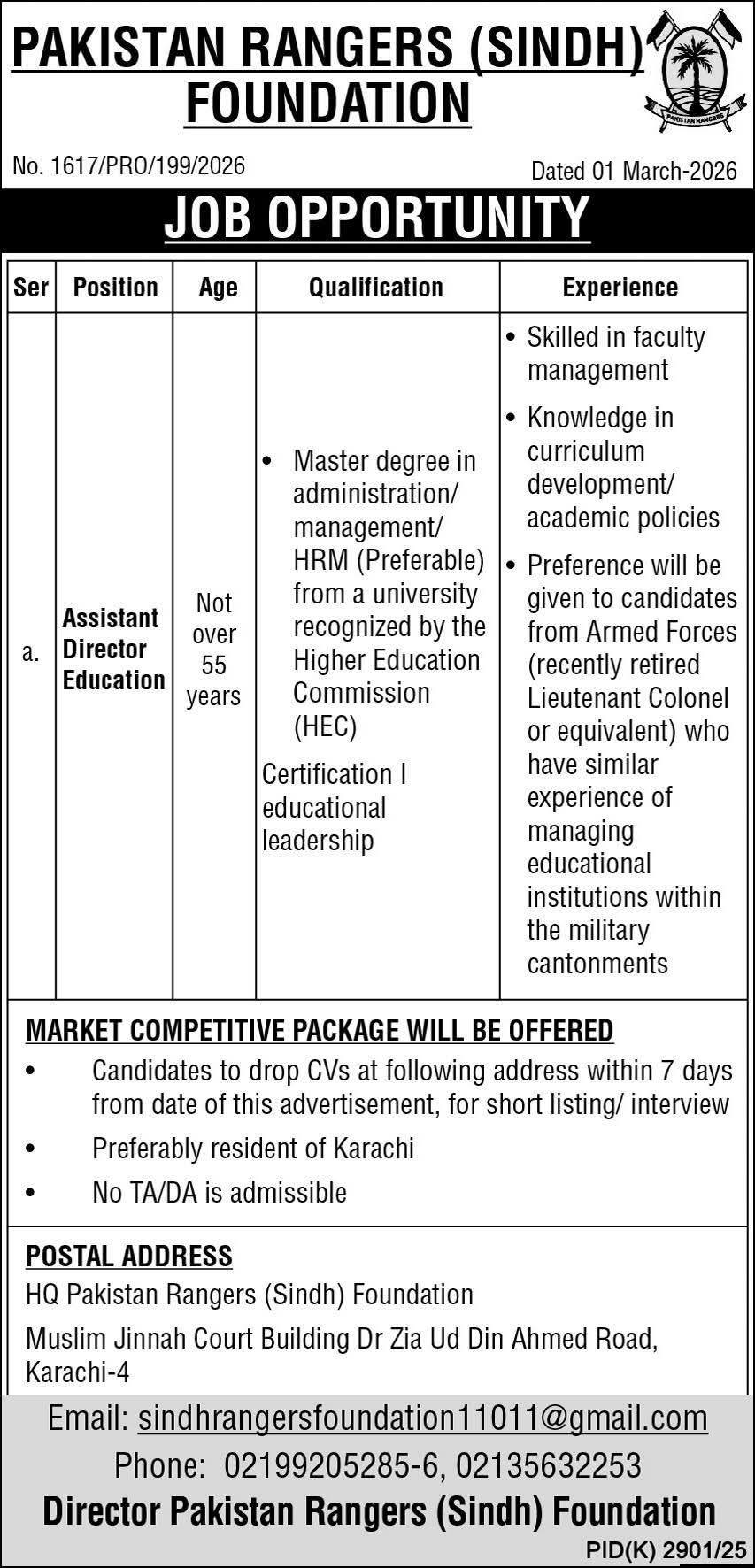 Pakistan Rangers Education Jobs advertisement for Assistant Director Education 2026