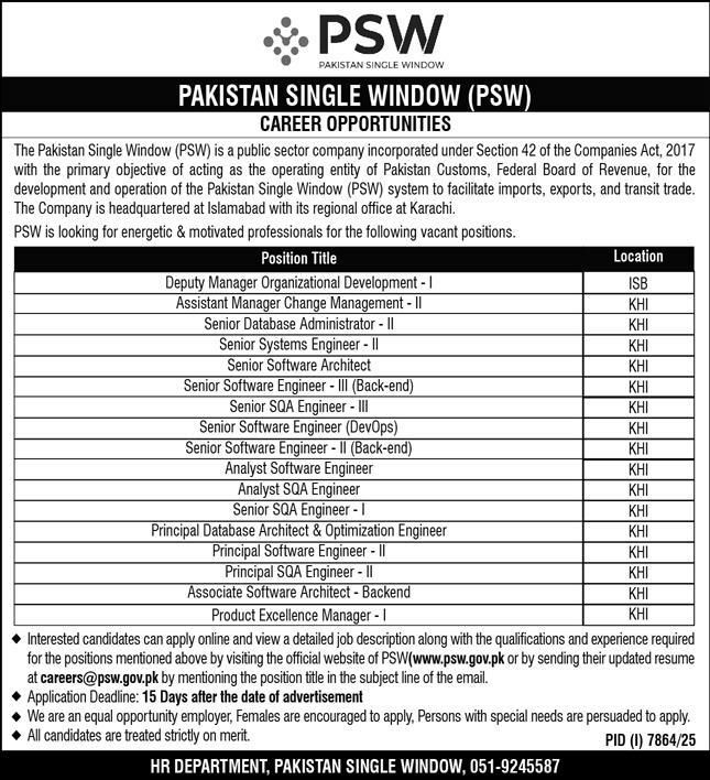 Pakistan Single Window Jobs advertisement showing vacancies in Karachi and Islamabad