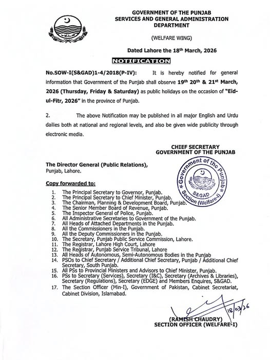 Punjab Eid Holidays 2026 notification issued by Government of the Punjab