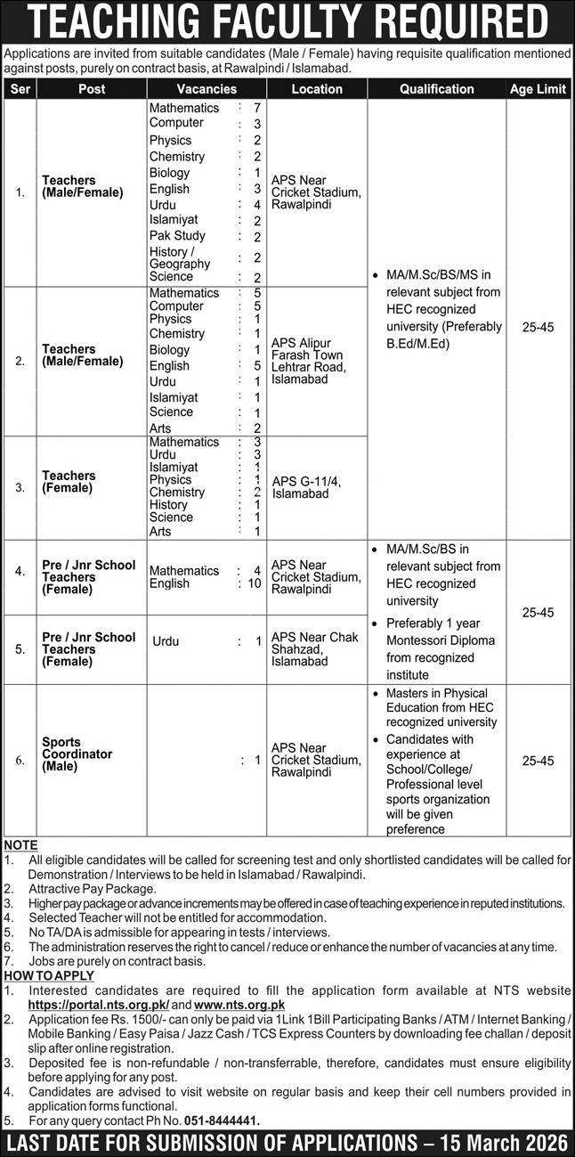Teaching Vacancies 2026 in APS through NTS
