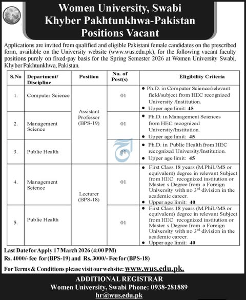 Women University Swabi Jobs advertisement for Assistant Professor and Lecturer posts 2026