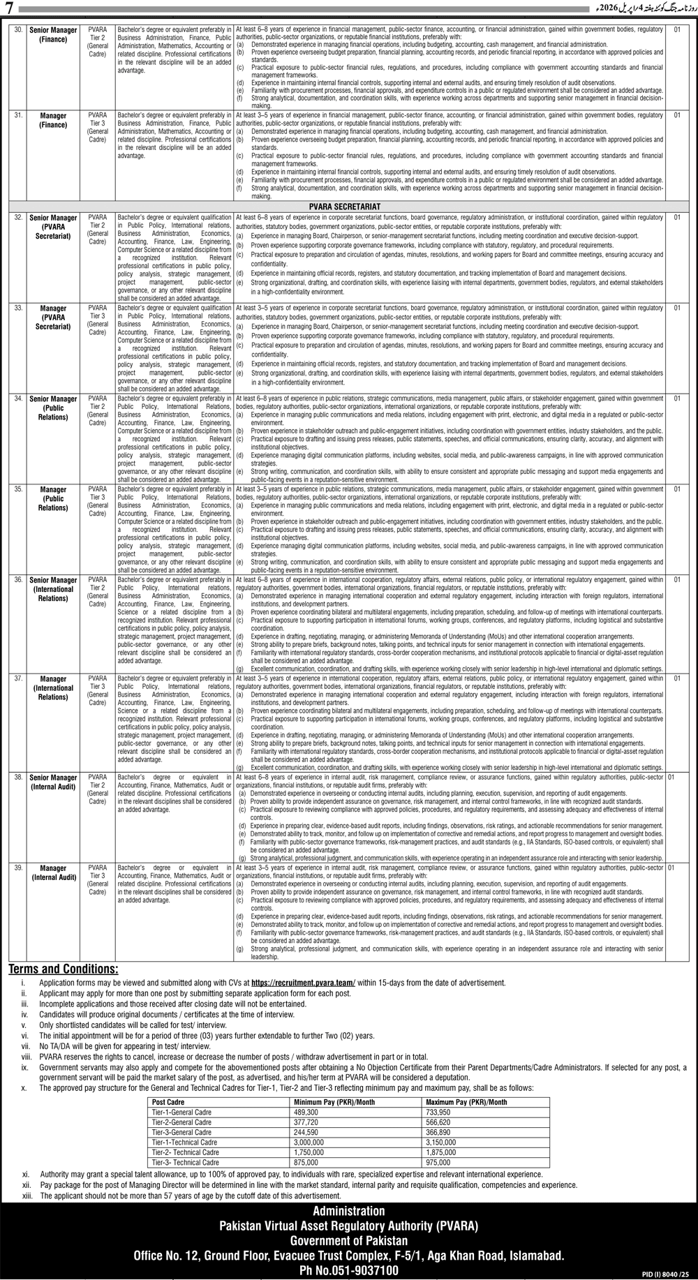 Pakistan Virtual Assets Regulatory Authority (PVARA) Jobs 2026