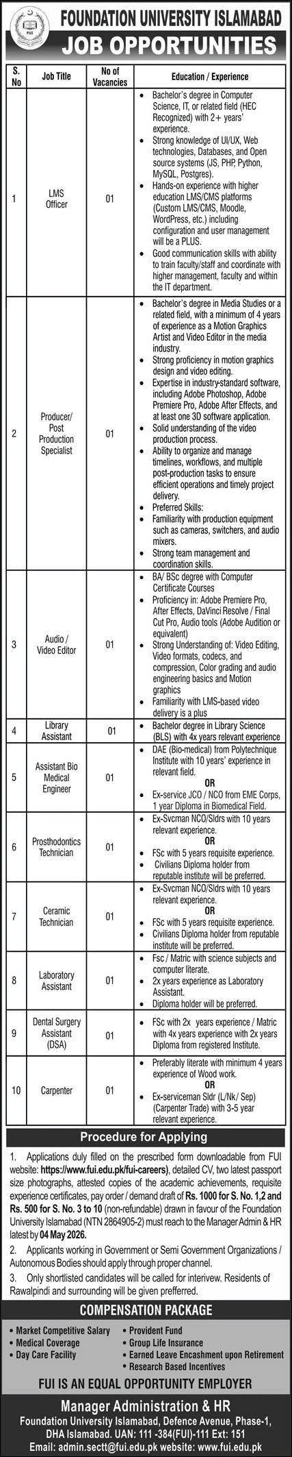 Foundation University Islamabad Jobs 2026 vacancies announcement for various positions