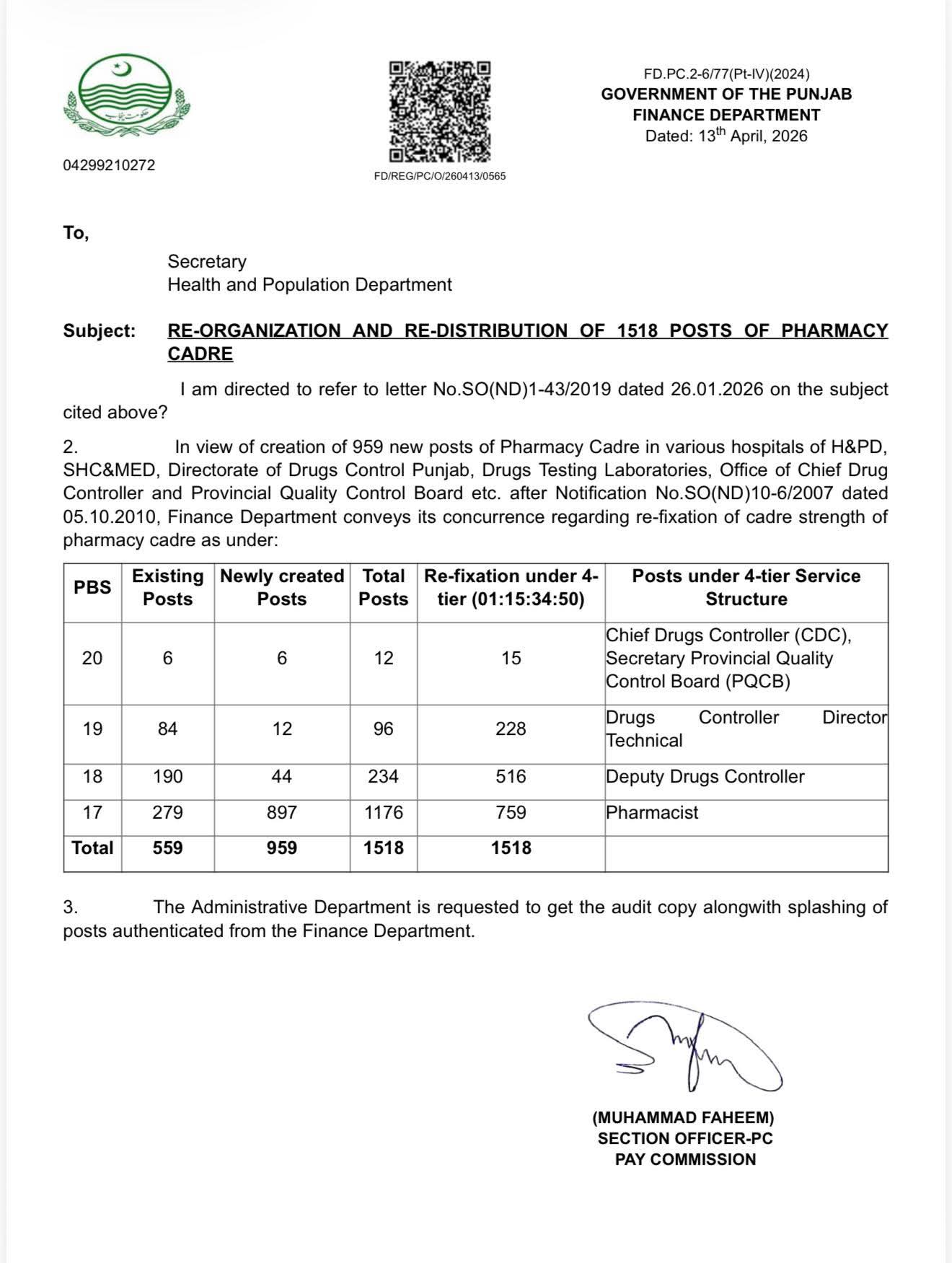 Notification Revised 4 Tier Service Structure 2026 Pharmacy Cadre Punjab