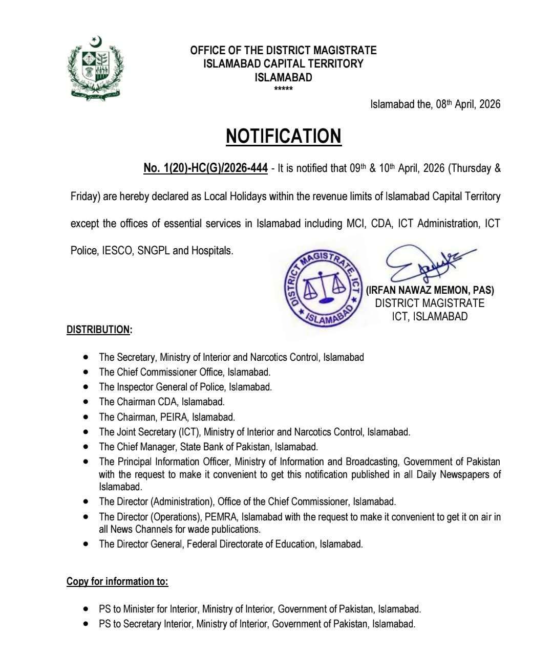 Notification of Holiday on 9th and 10th April 2026 (Thursday & Friday) in Islamabad PK JPEG