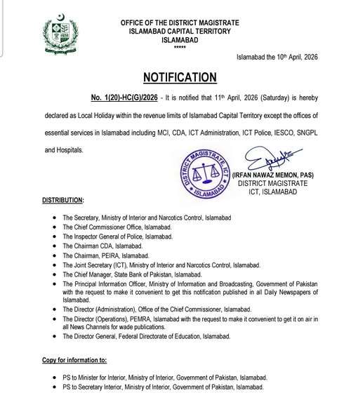 Notification of Local Holiday on 11 April 2026 (Saturday) Islamabad