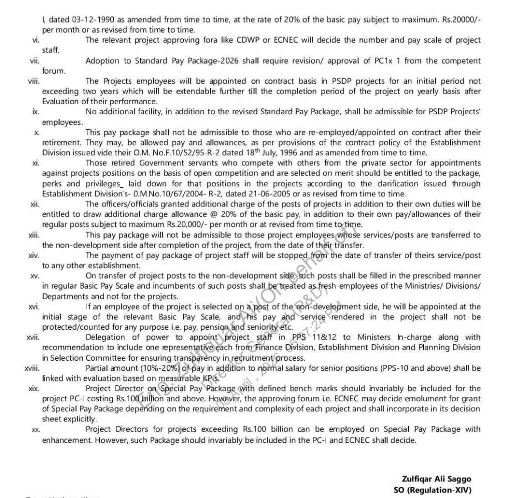 Notification of Standard Pay Package for the Project Staff (Project Pay Scales 2026) (PSDP) 2