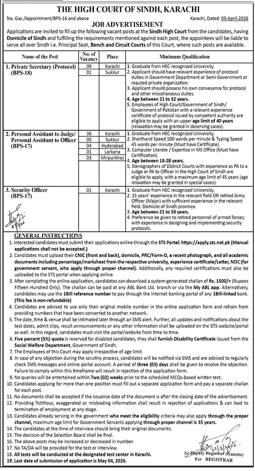 The High Court of Sindh Jobs 2026 