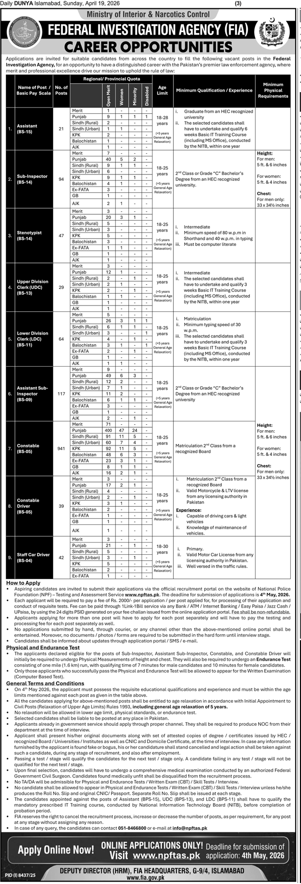The Latest FIA Vacancies 2026 (BPS-04 to BPS-15)
