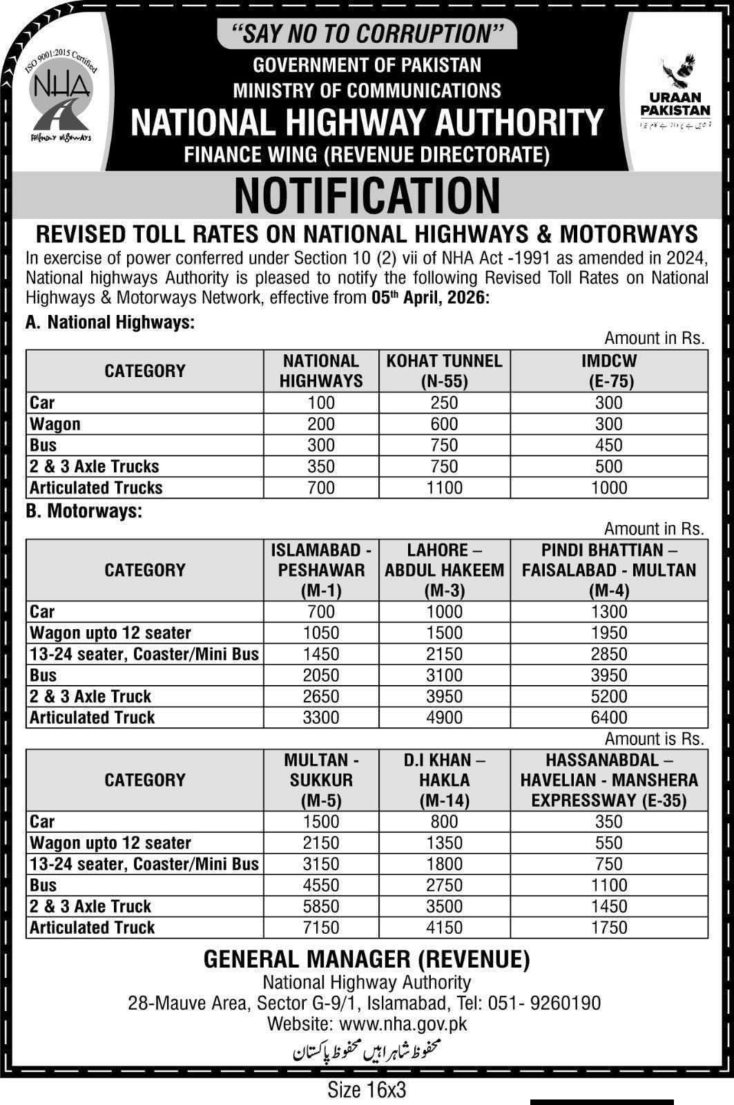 Revised Toll Rates on National Highways and Motorways April 2026