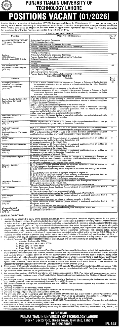 PTUT Lahore Jobs 2026 