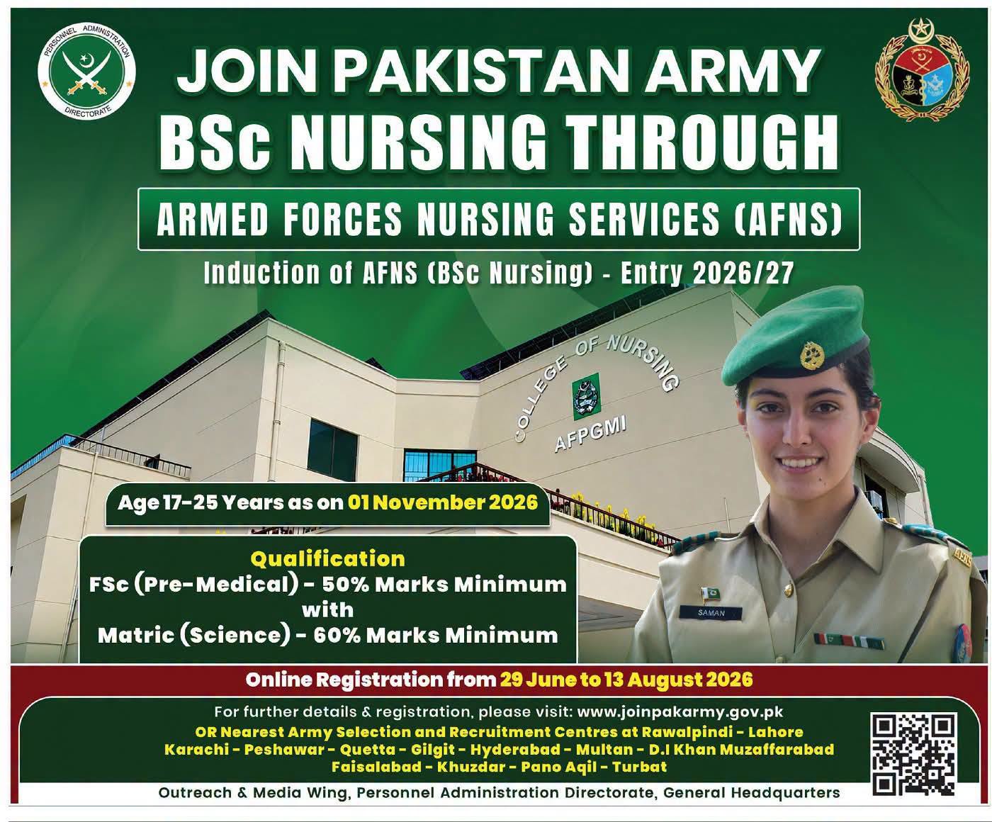 Apply online for BSc Nursing through AFNS Entry 2026 2027