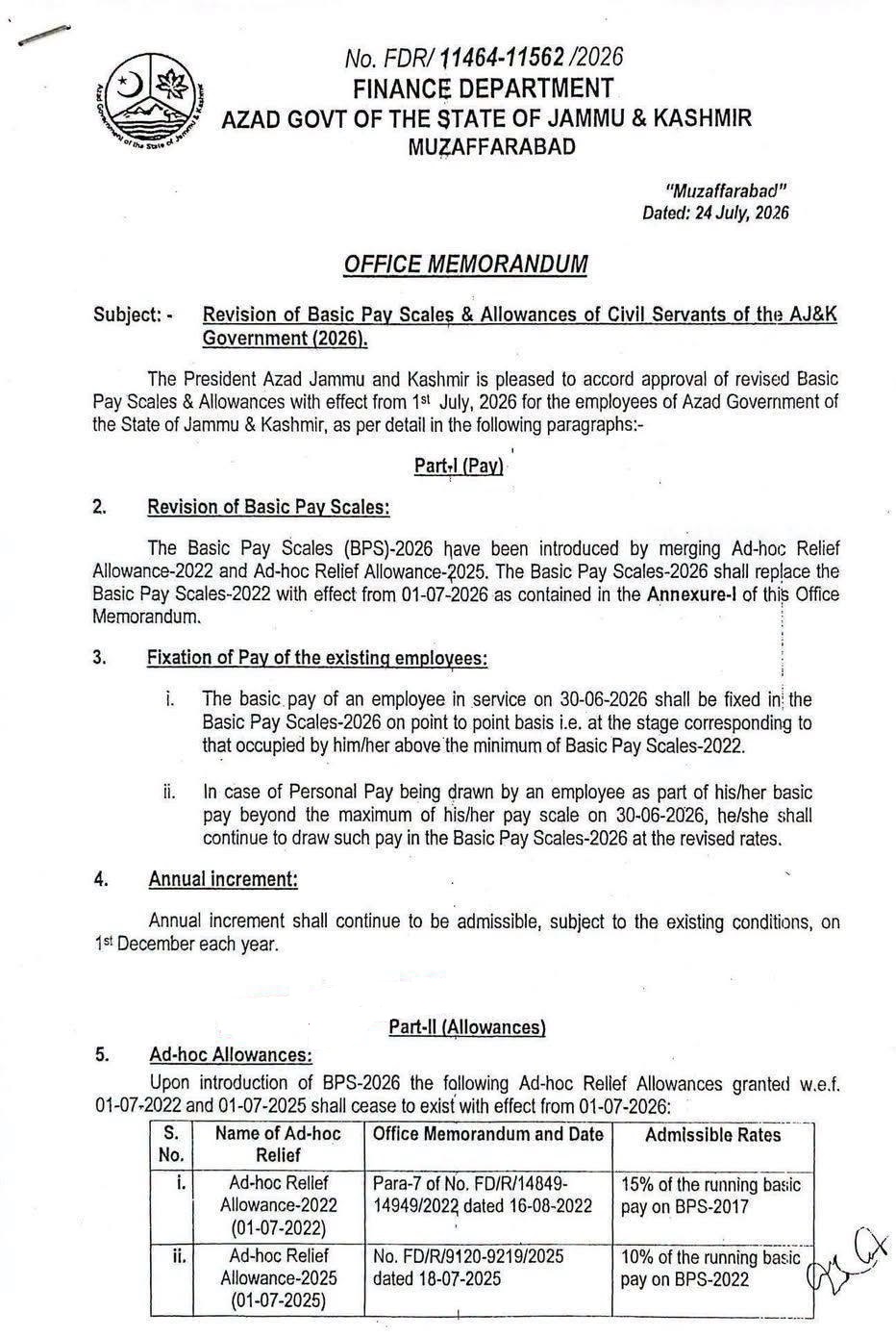 Revised Pay Scales 2026 AJK, ARA-2026 and Revised Rates CA AJK Employees
