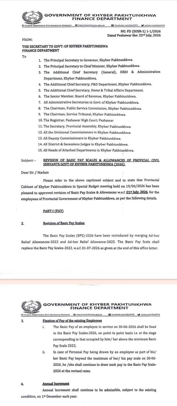 Notification Revised Pay Scales 2026 and ARA-2026 KPK