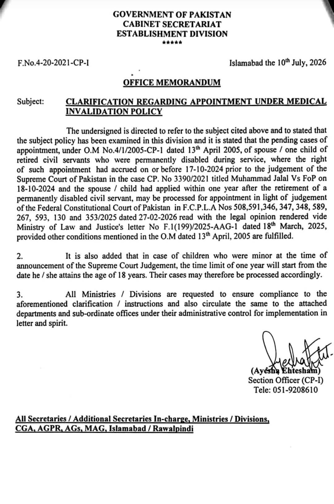 Clarification regarding Appointment under Medical Invalidation Policy