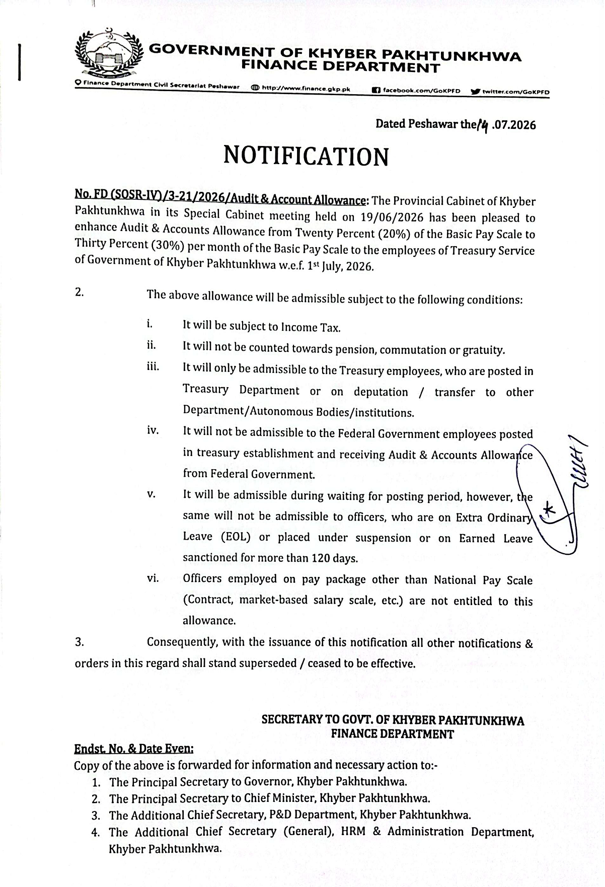 Increase in Audit & Accounts Allowance 2026 @ 30% of Basic Pay