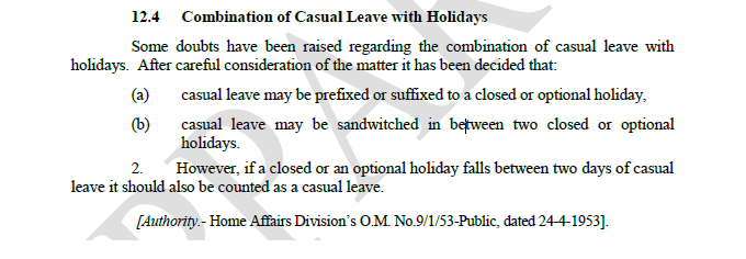 Ruling of Combination of Casual Leave with Holidays with Examples 