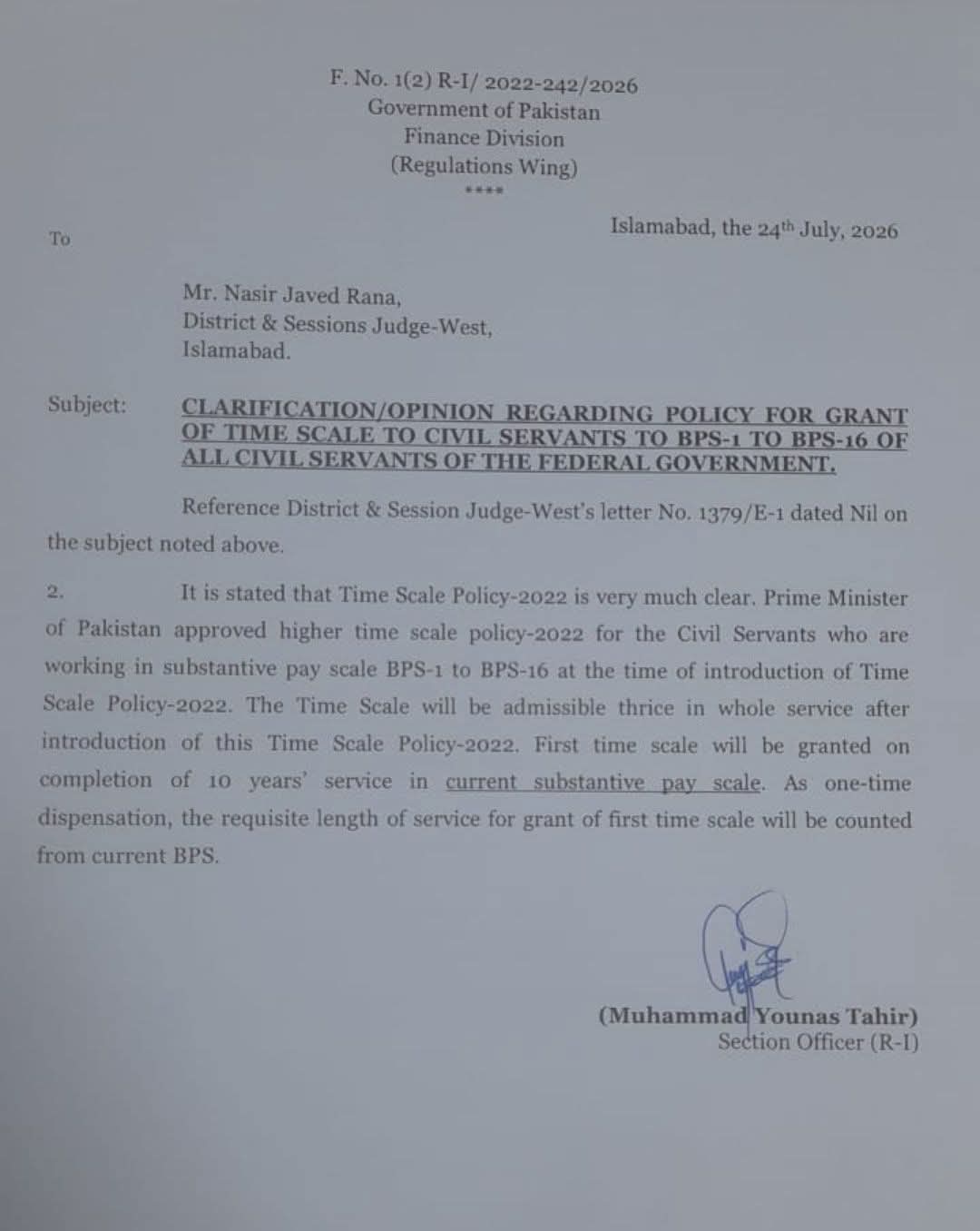 Notification Clarification Time Scale BPS-01 to BPS-16 Federal