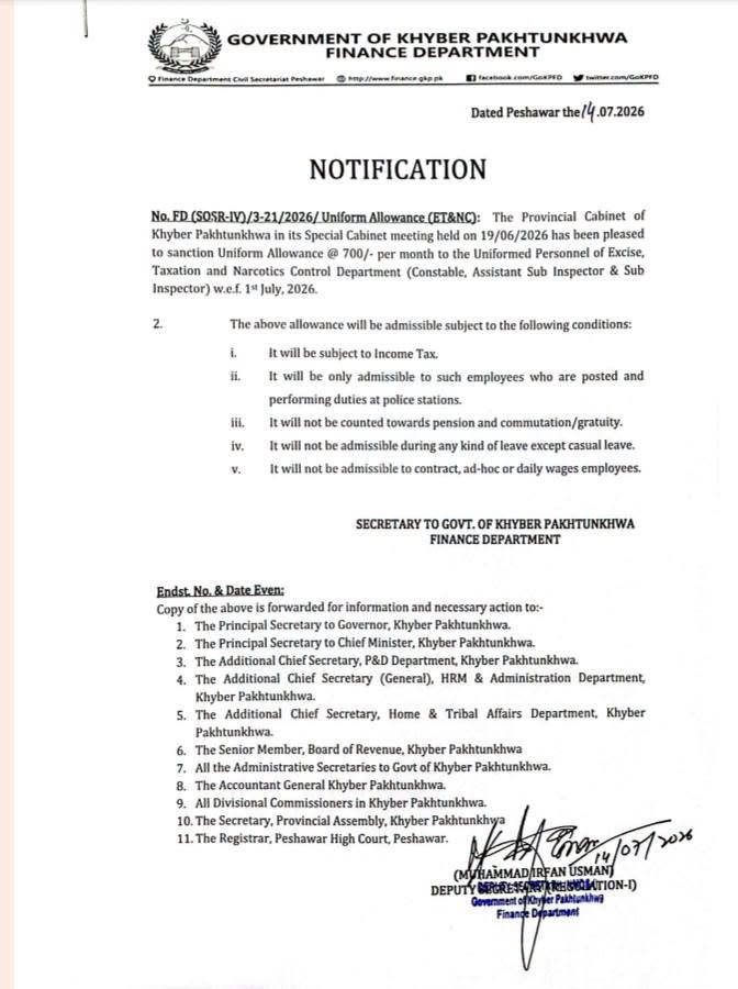 Notification Uniform Allowance 2026 KPK for Excise, Taxation and narcotics Control Department