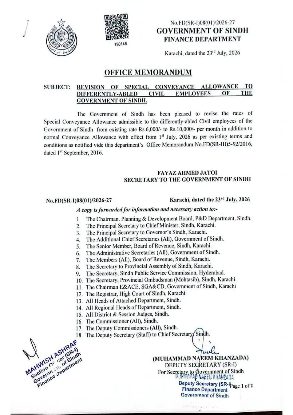 Notification of Special Conveyance Allowance increase Sindh 2026