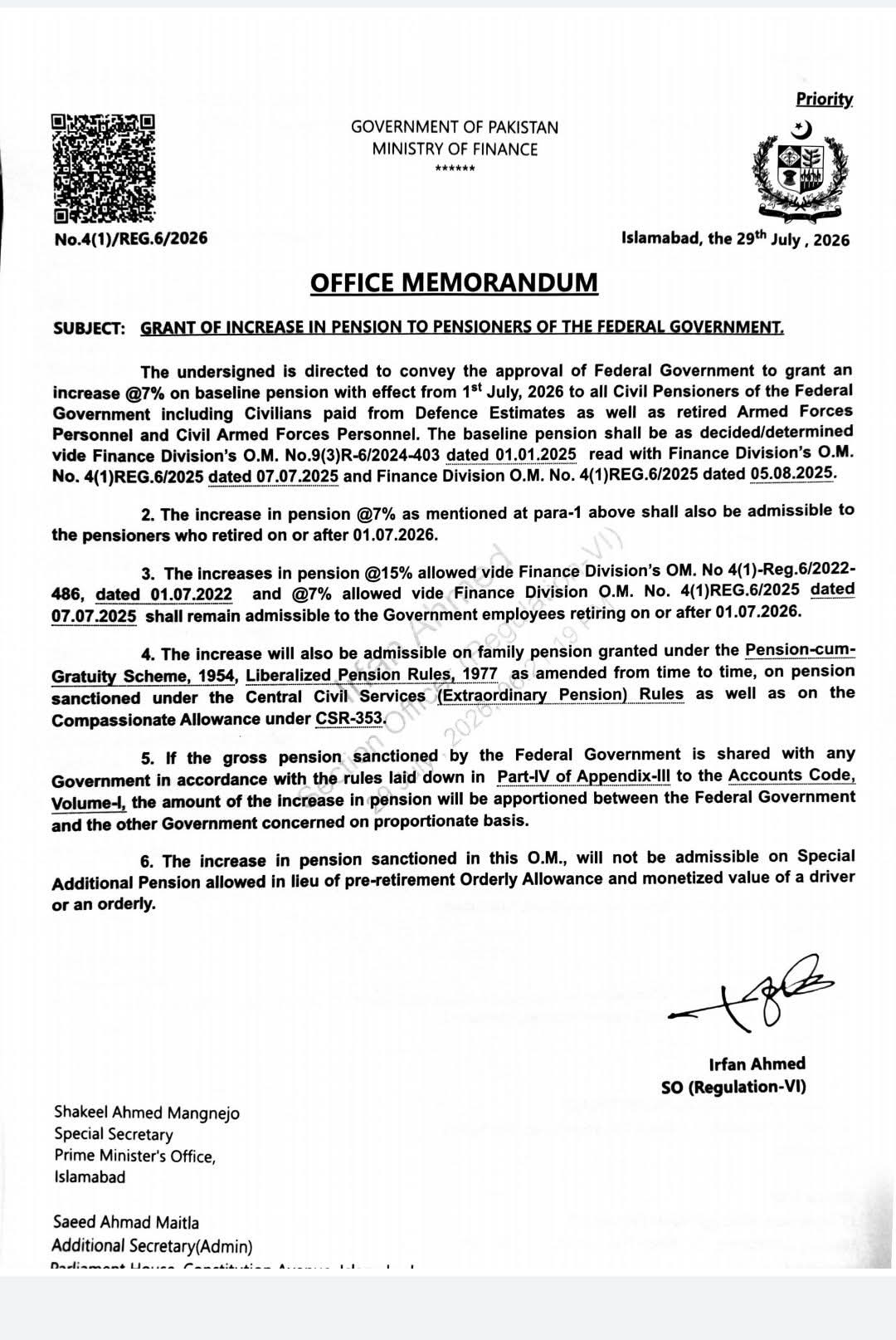 Notification Increase in Pension 2026 Federal @ 7% of Baseline Pension to Federal Pensioners