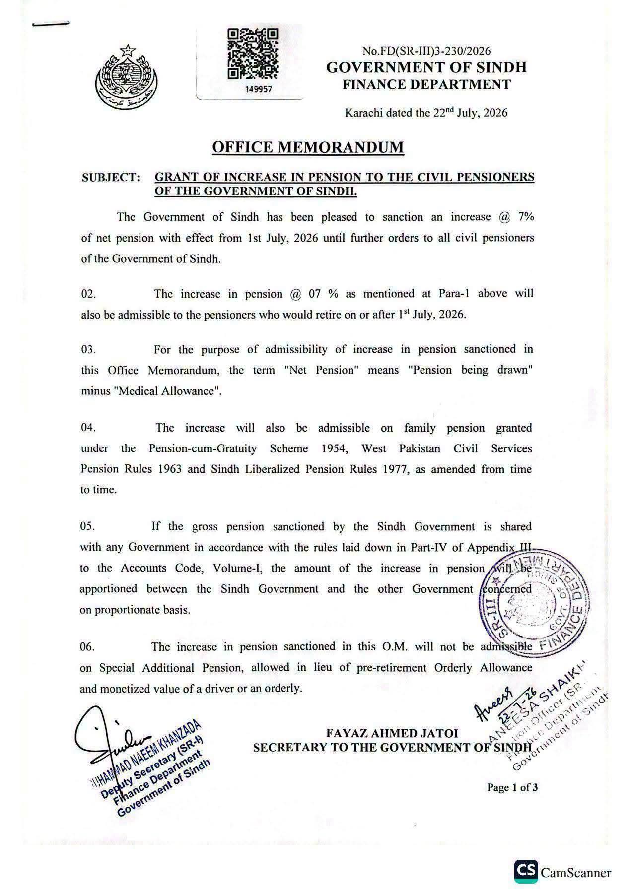 Notification Increase in Pension 2026 Sindh Pensioners @ 7%
