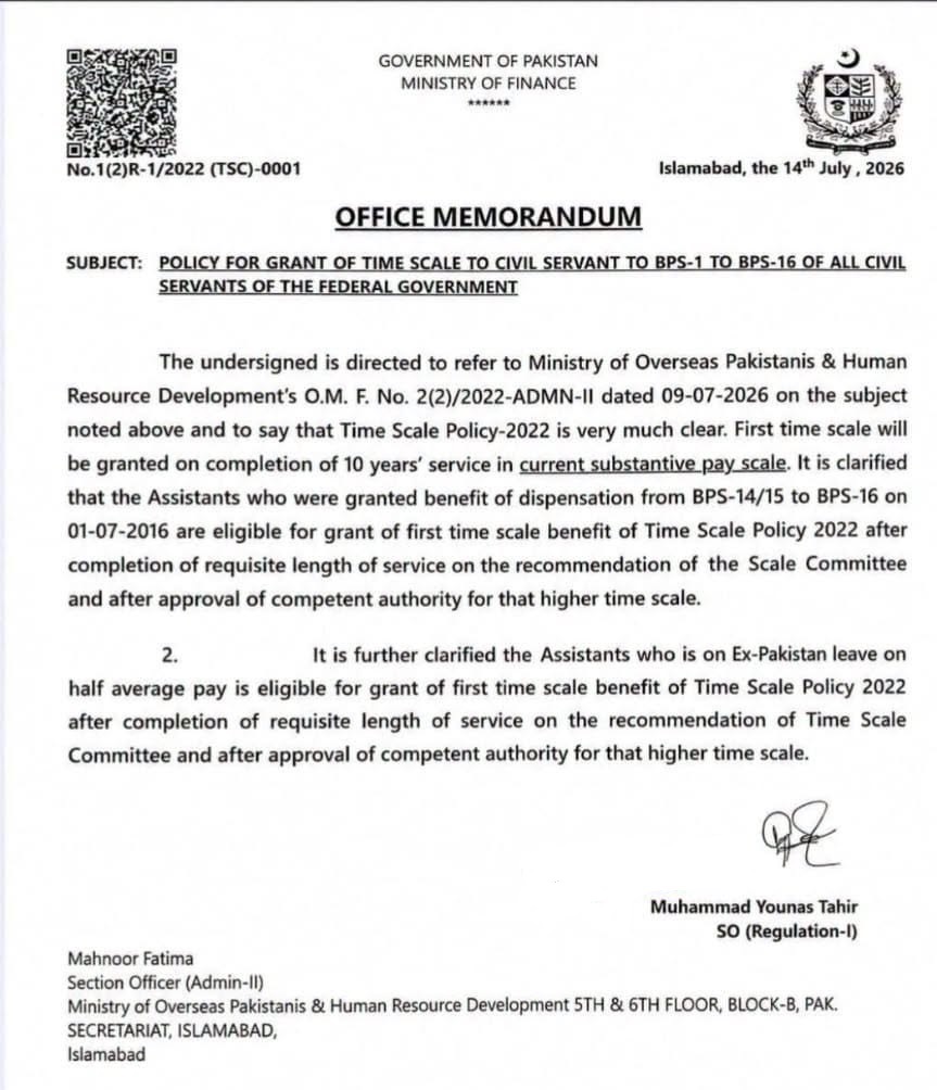 Policy for Grant Time Scale BPS-01 to BPS-16 Civil Servants