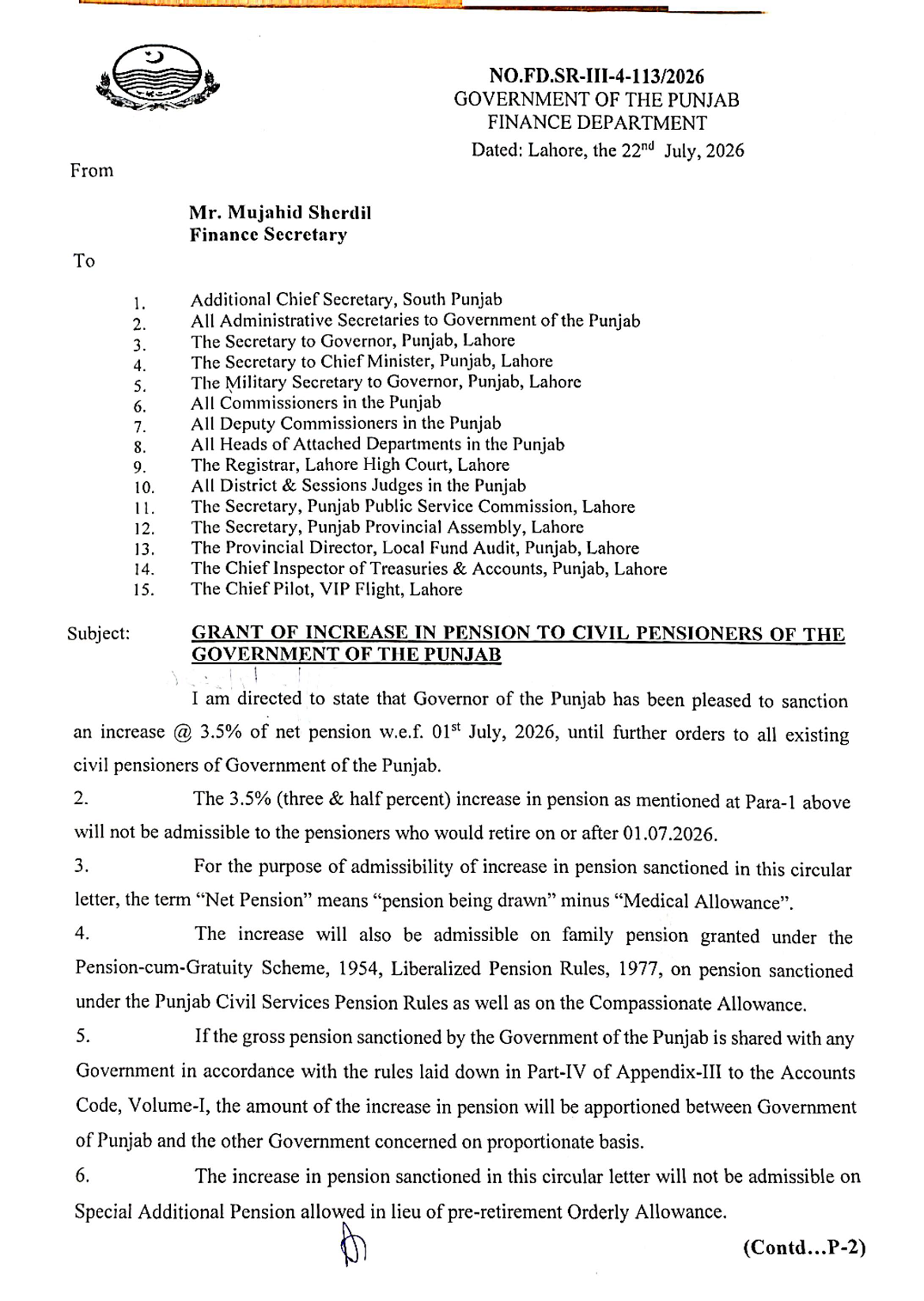 Notification Increase in Pension 2026 Punjab @ 35% of Net Pension 