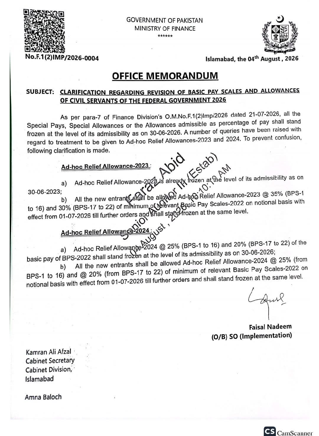Notification Freezing Adhoc Relief Allowance 2024 @ 25% & 20% of Running Basic Pay