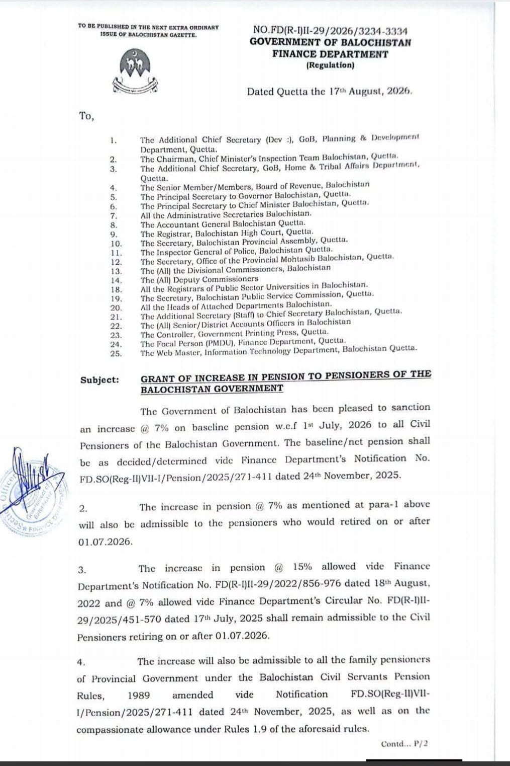 Notification Increase in Pension 2026 @ 7% Balochistan 
