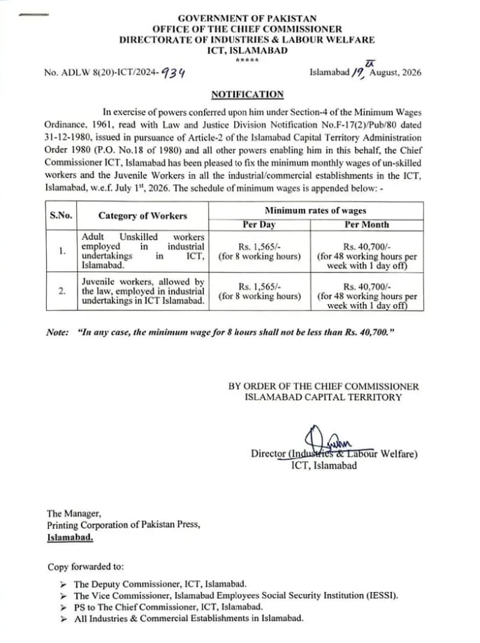 Notification of Daily Wage Rates and Minimum Wage Rates 2026 Islamabad