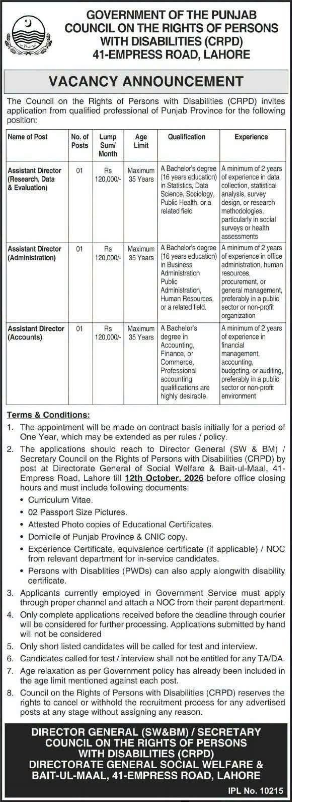 CRPD Government Jobs 2026 Advertisement