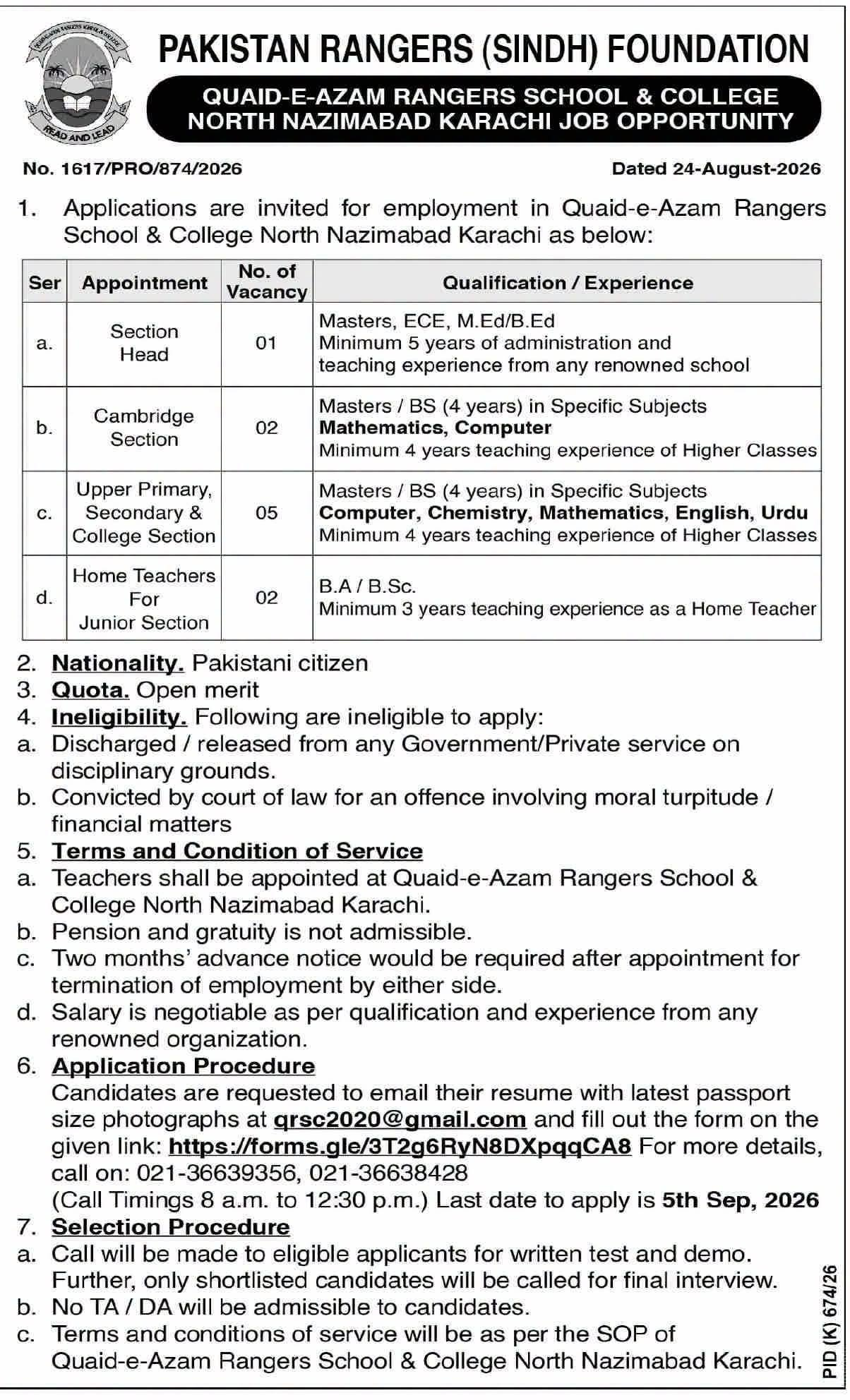 Pakistan Rangers Sindh Foundation Jobs 2026 – Karachi
