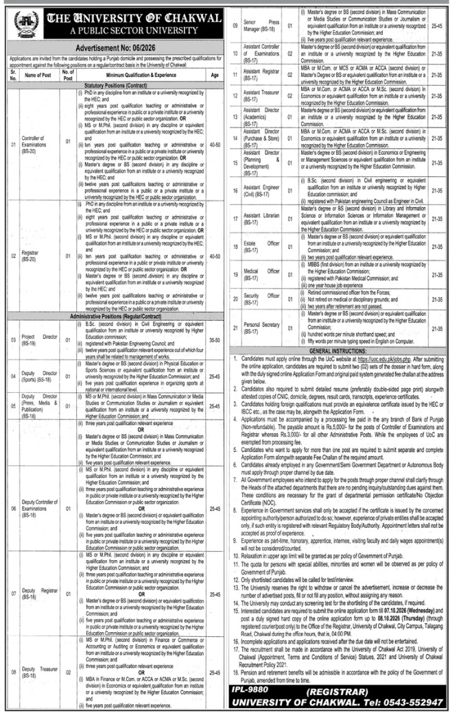 University of Chakwal Jobs 2026 Advertisement 06/2026