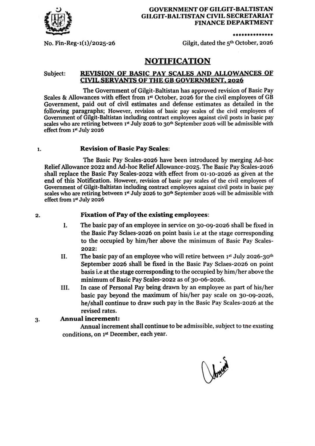 Revised Basic Pay Scales and Allowances 2026 GB