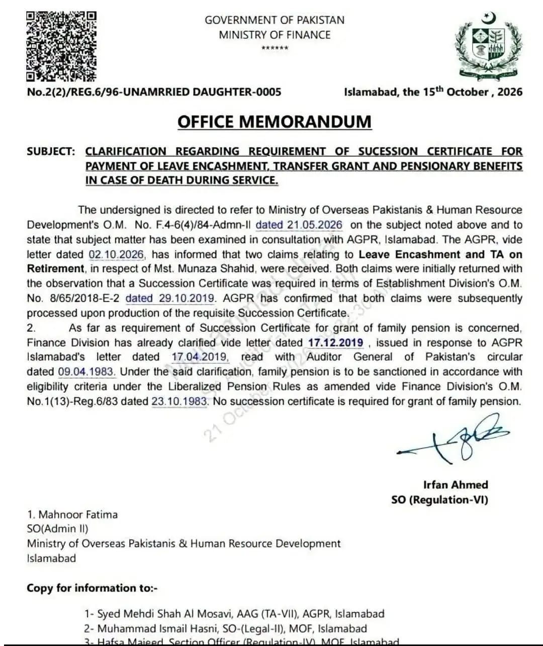 Notification Clarification regarding requirement of Succession Certificate for Leave Encashment, Transfer Grant and Pensionary Benefits
