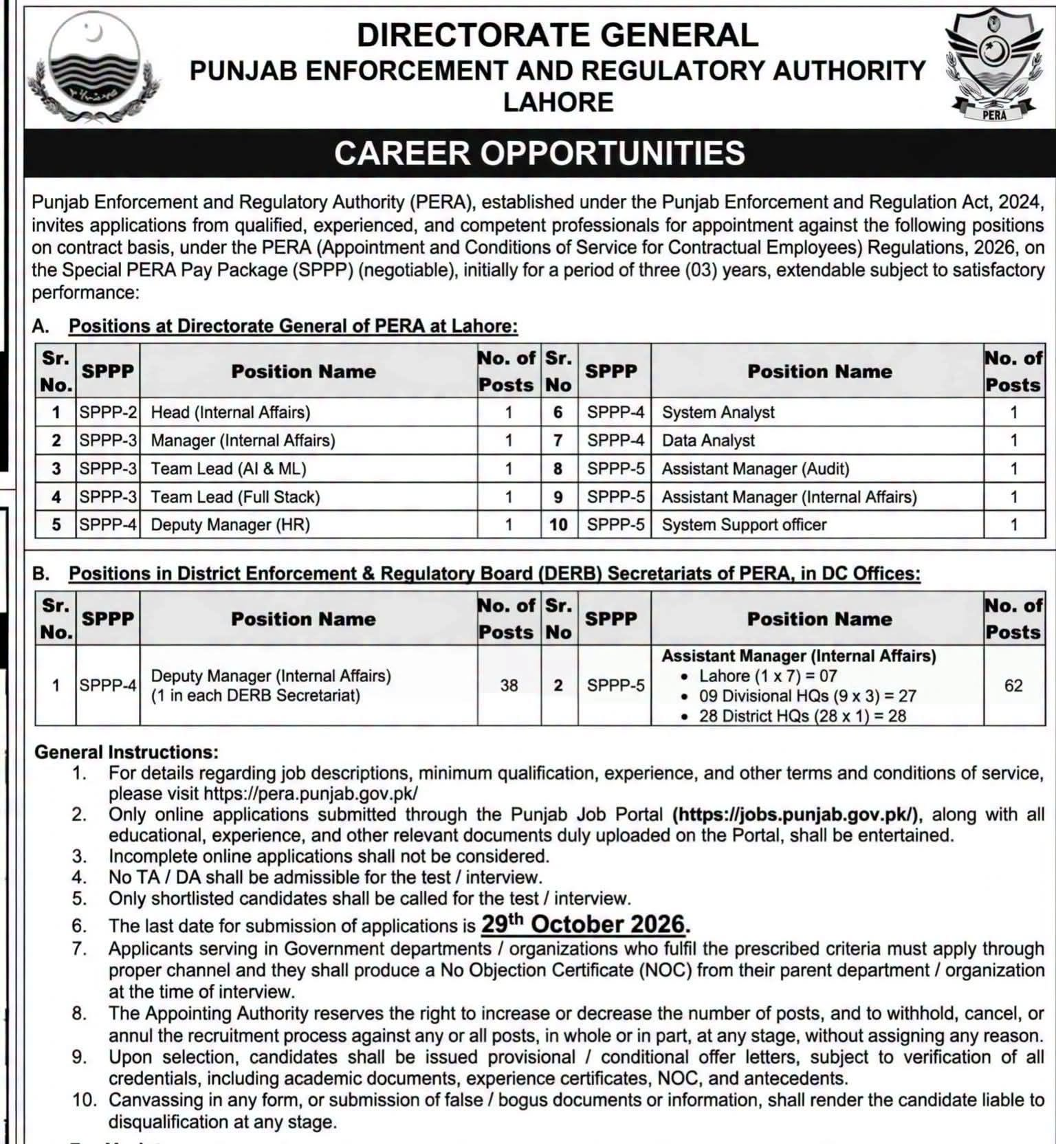 PERA Jobs 2026 advertisement for vacancies in Lahore and district offices.