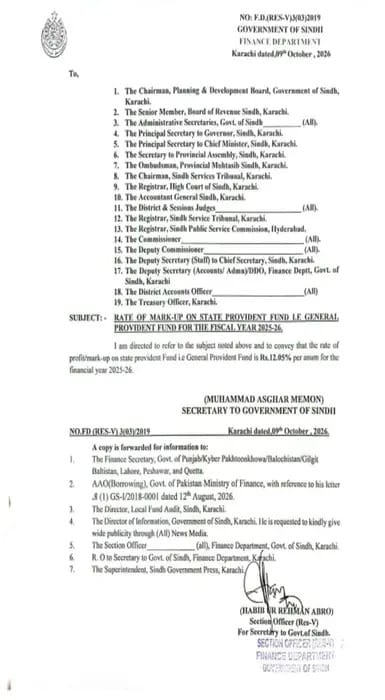 Government of Sindh Finance Department notification document for Revised Mark-up Rate GP Fund 2025-26.